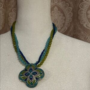 NWOT Blue Aqua Green Beaded Multi-Strand Pendant Necklace 18"-21" / N
